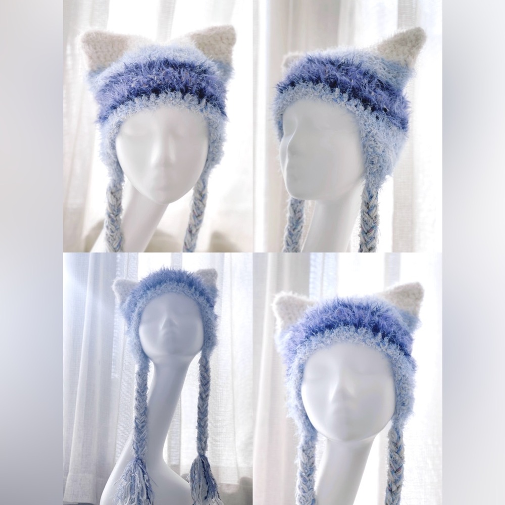 Handmade Cozy Blue and White Fuzzy Crochet Cat Ear Hat